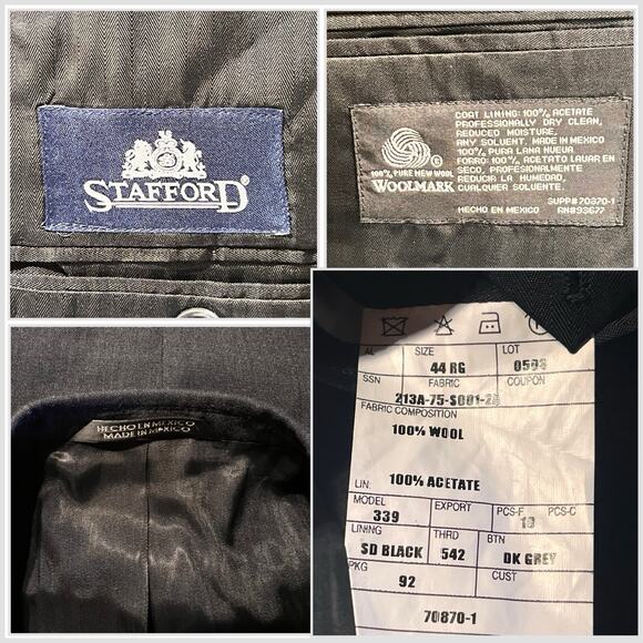 Vintage Y2K Stafford 44R 38x30 Dark Gray Worsted Wool Mens Business Suit NOS - Picture 16 of 16